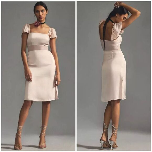 Anthropologie Flutter Sleeve Satin Sheath Dress Size 10 Cocktail Party Dress New - Picture 1 of 16